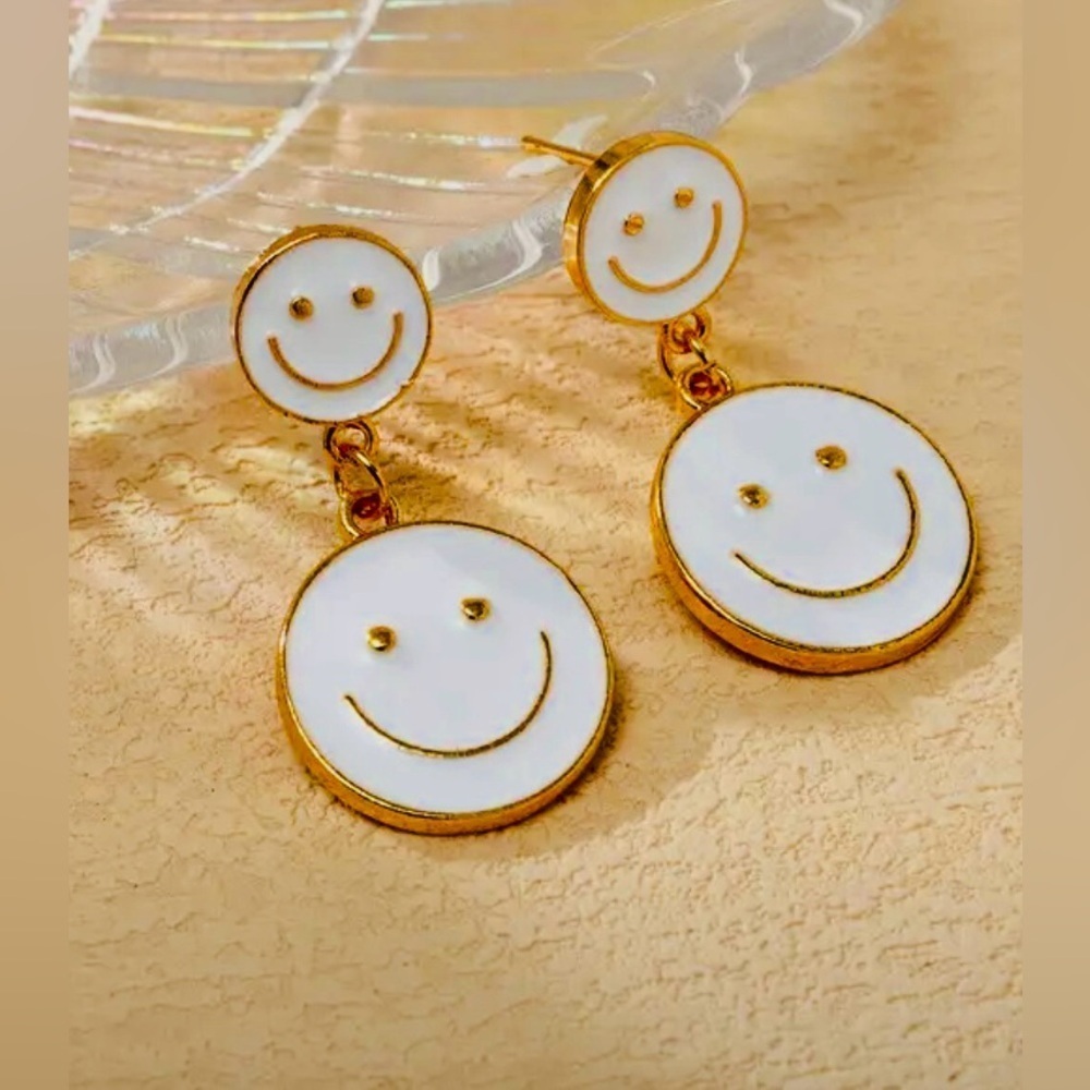Chic Smiley Drop Earrings – White Enamel with Gold Large Gold Disk Trim - Picture 1 of 2